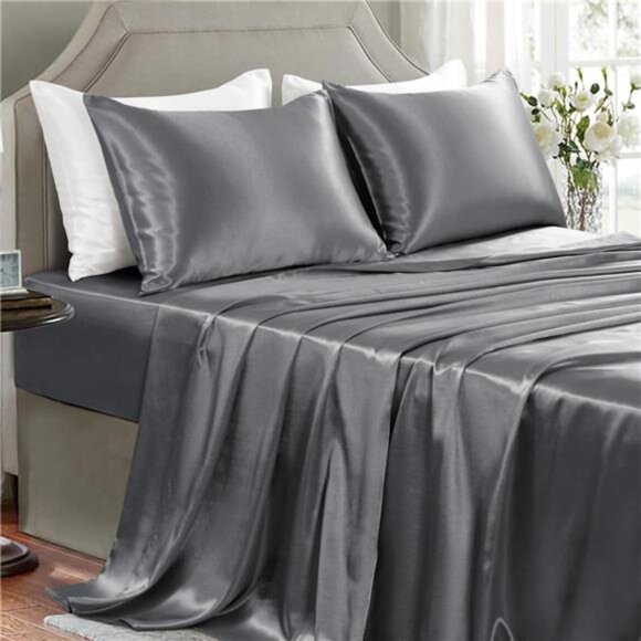 Satin Sheets Queen Size - 4 Pieces Luxury Silky Soft Bed Sheets, Wrinkle-Free - Picture 1 of 7